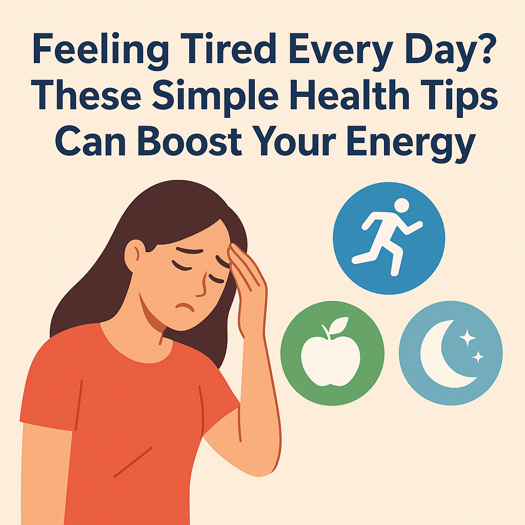 Feeling tired every day illustration showing a tired woman holding her head, with health icons for exercise, healthy food, and good sleep, along with the text “Feeling Tired Every Day? These Simple Health Tips Can Boost Your Energy”.