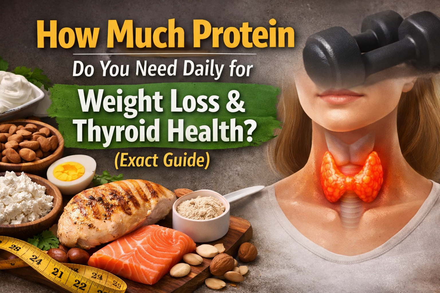 Daily protein requirement for weight loss and thyroid health with high protein foods and thyroid illustration