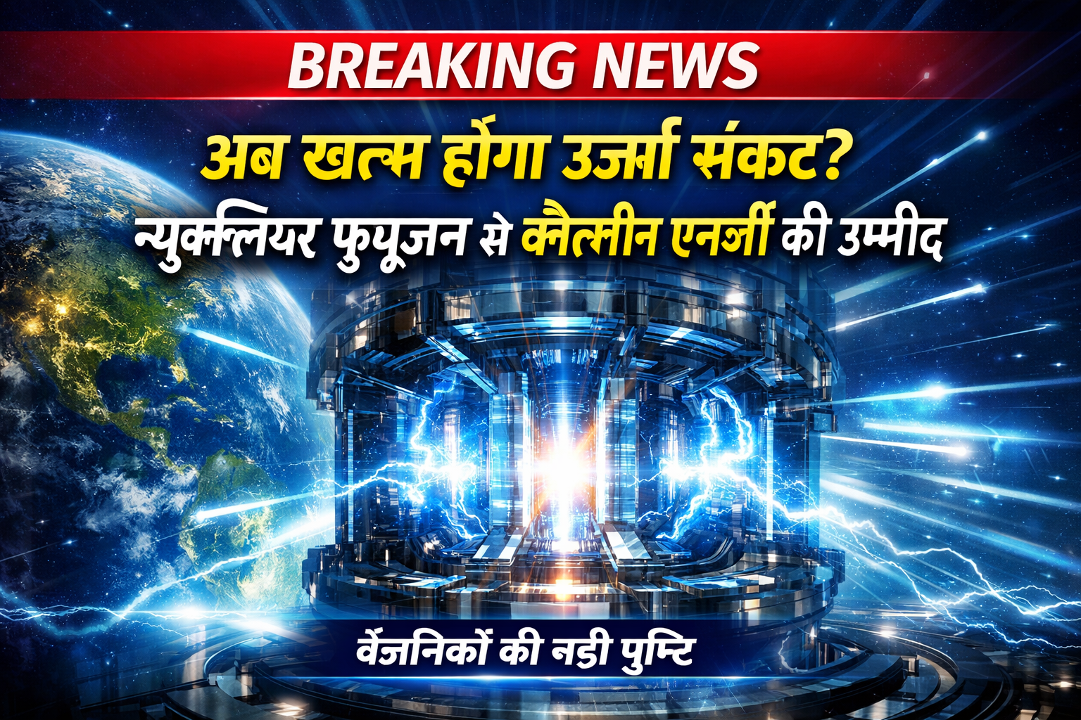न्यूक्लियर फ्यूज़न तकनीक से जुड़ी ब्रेकिंग न्यूज़, क्लीन एनर्जी और भविष्य की बिजली को दर्शाती इमेज