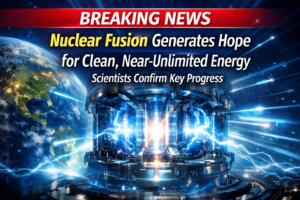 Breaking news featured image showing a futuristic nuclear fusion reactor and Earth, highlighting scientific progress toward clean and near-unlimited energy.