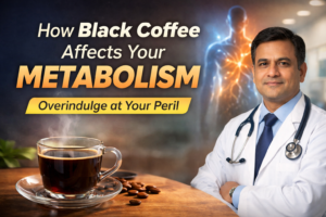Doctor explaining how black coffee affects metabolism, with a cup of black coffee and human metabolism illustration