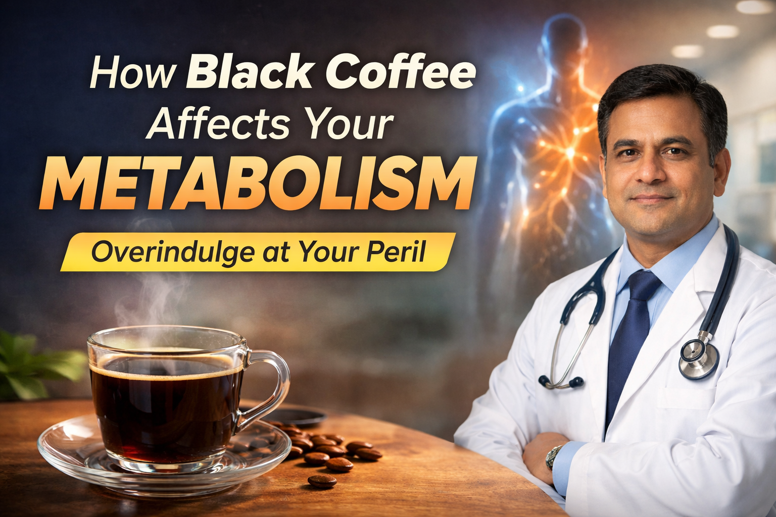 Doctor explaining how black coffee affects metabolism, with a cup of black coffee and human metabolism illustration