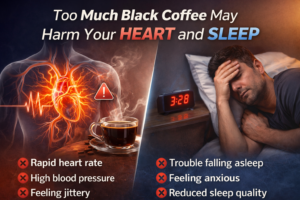 Illustration showing the harmful effects of excessive black coffee, highlighting rapid heart rate, high blood pressure, insomnia, and anxiety.