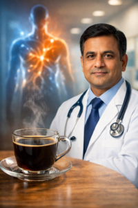 डॉक्टर की सलाह के साथ ब्लैक कॉफी और मेटाबॉलिज़्म पर आधारित स्वास्थ्य संबंधी इमेज