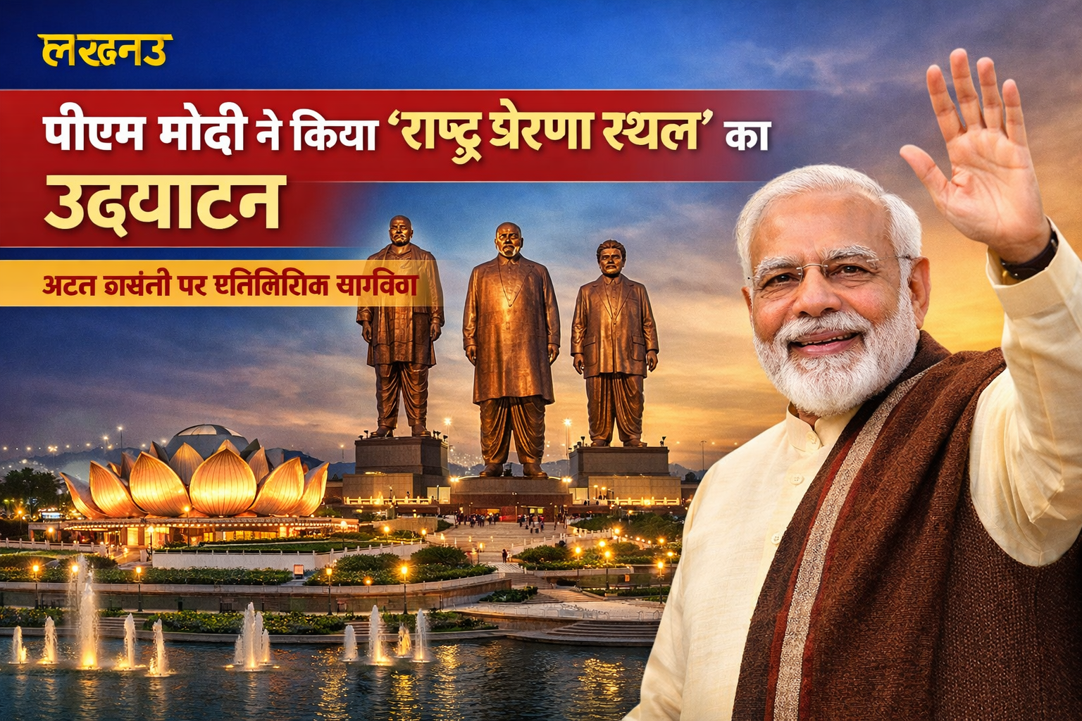 प्रधानमंत्री नरेंद्र मोदी ने अटल जयंती पर लखनऊ में राष्ट्र प्रेरणा स्थल का उद्घाटन करते हुए देश को संबोधित किया