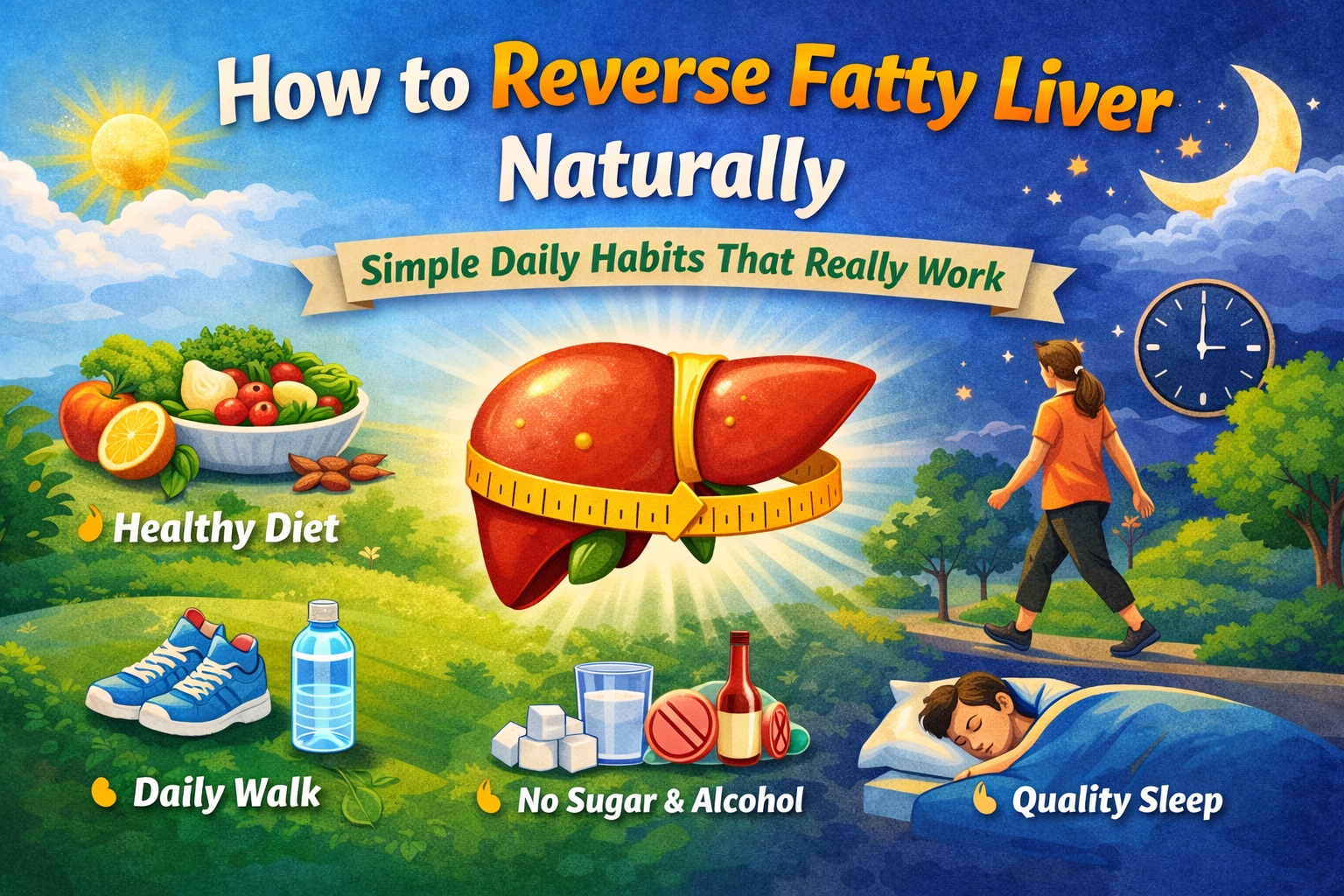 How to reverse fatty liver naturally showing healthy diet, daily walking, hydration, no sugar or alcohol, and quality sleep.