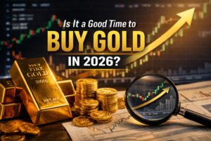 Gold bars and coins with rising market chart and upward arrow, showing gold price trend and asking is it a good time to buy gold in 2026