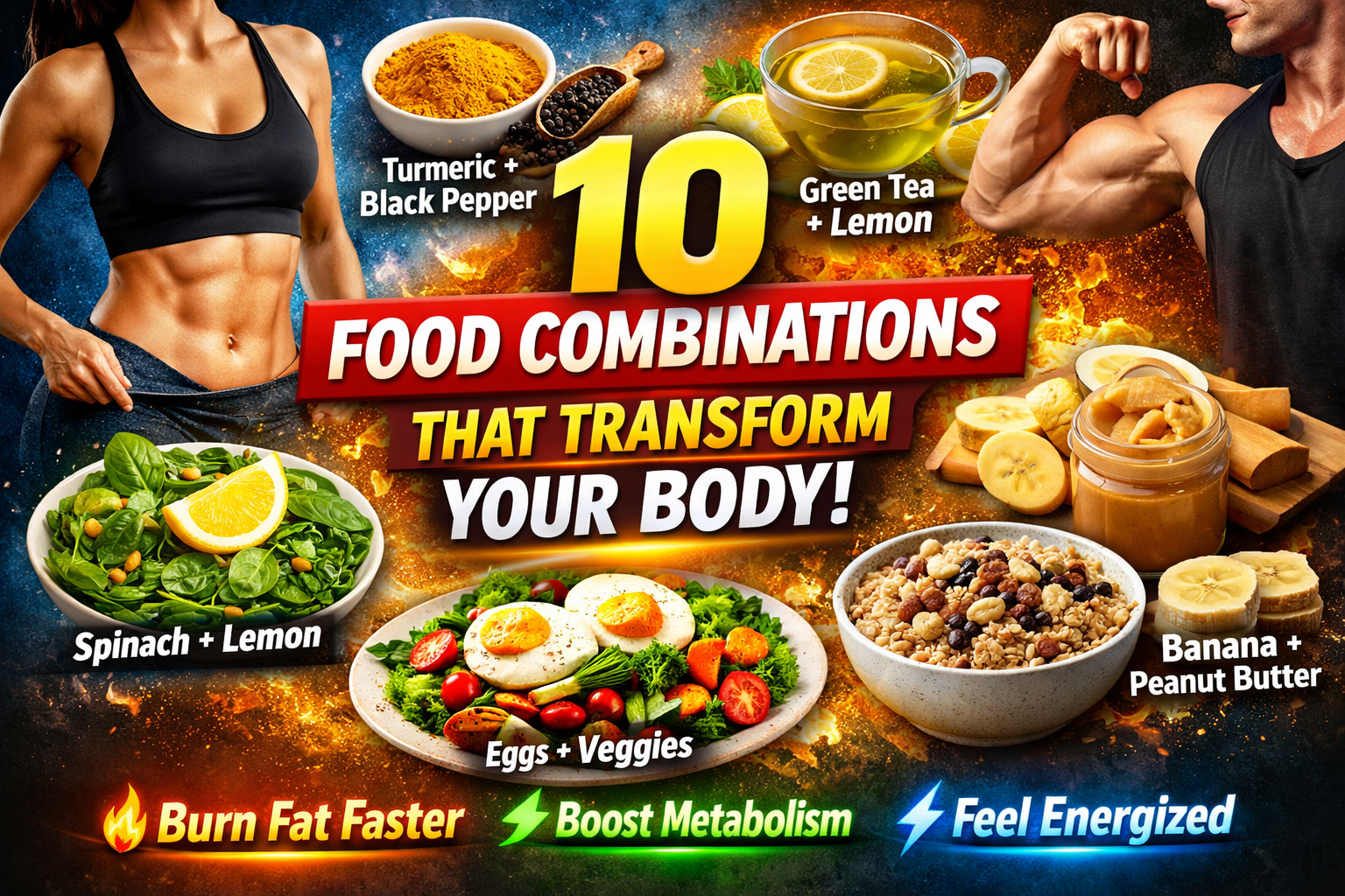 10 powerful food combinations like turmeric with black pepper, green tea with lemon, eggs with vegetables and banana with peanut butter for natural body transformation, fat loss and metabolism boost