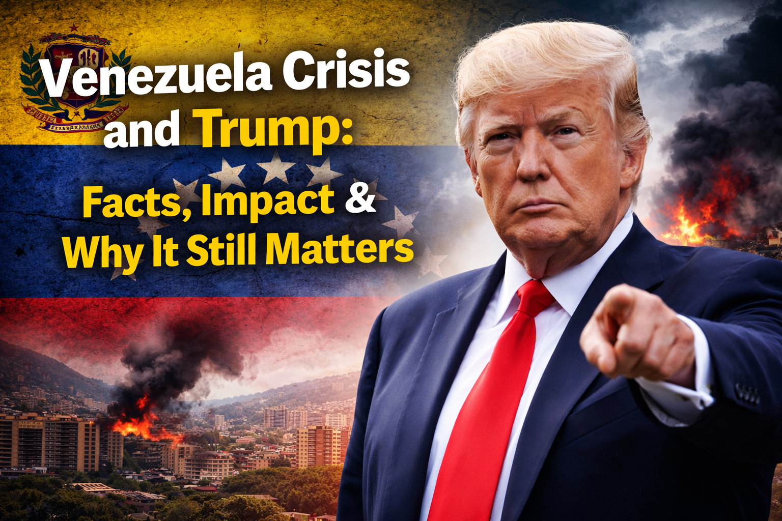 Former US President Donald Trump against the backdrop of the Venezuelan flag, representing the Venezuela crisis and US foreign policy impact.