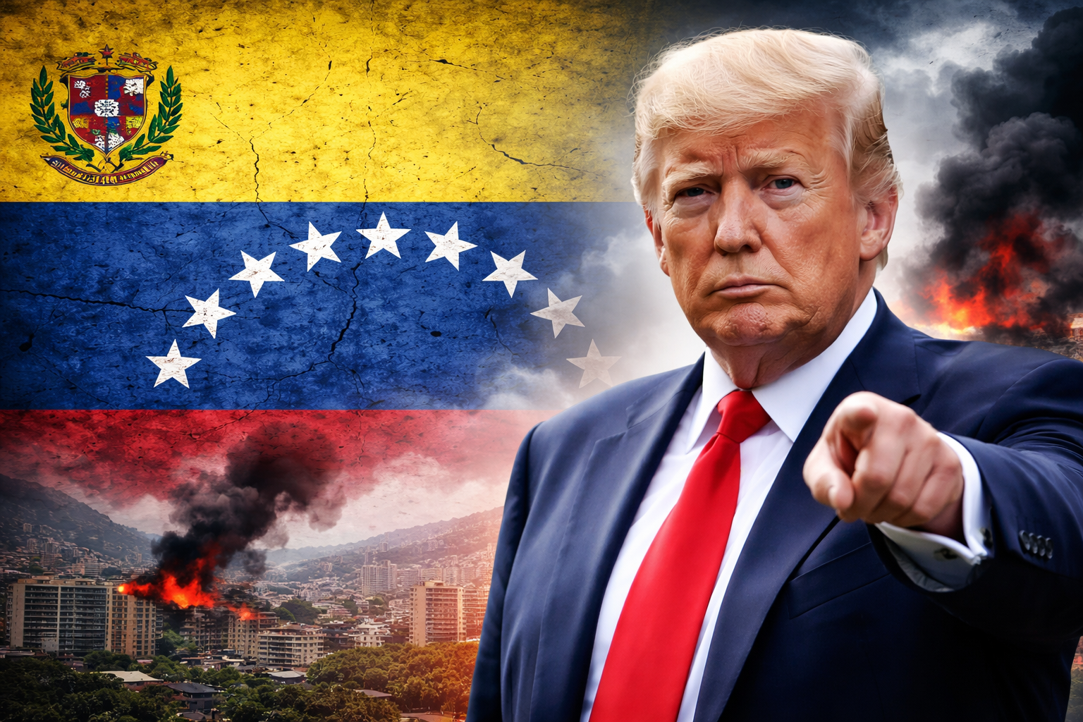Donald Trump ke background me Venezuelan flag, jo Venezuela crisis aur US foreign policy ko dikhata hai.