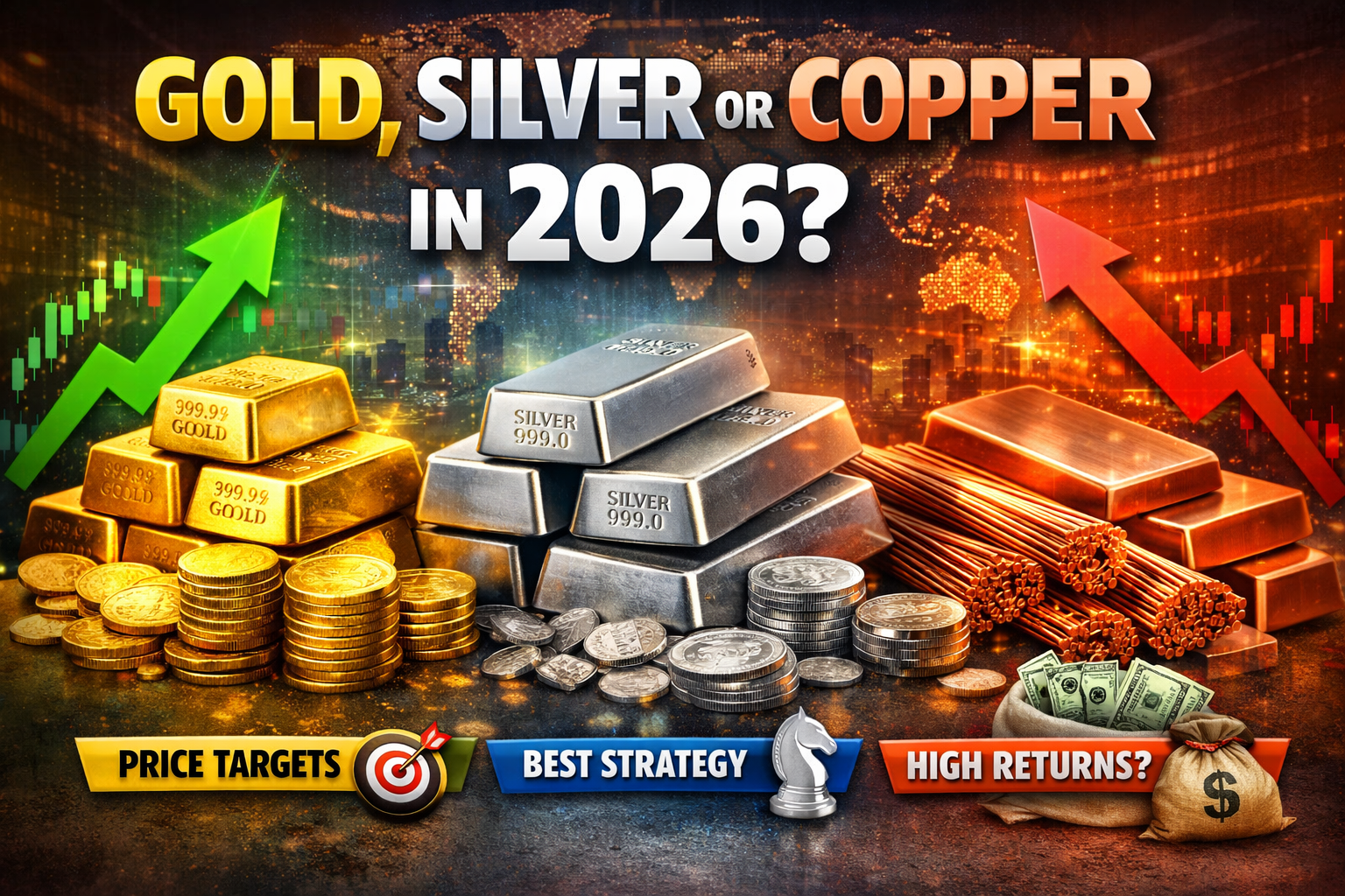 Gold, silver and copper investment comparison for 2026 showing price outlook and return potential