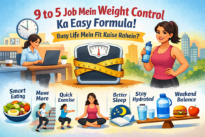 9 से 5 ऑफिस जॉब में वजन नियंत्रण के आसान तरीके, easy weight management tips for working professionals, smart eating, quick exercise और healthy office lifestyle illustration