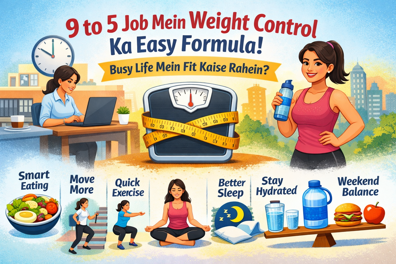 9 से 5 ऑफिस जॉब में वजन नियंत्रण के आसान तरीके, easy weight management tips for working professionals, smart eating, quick exercise और healthy office lifestyle illustration