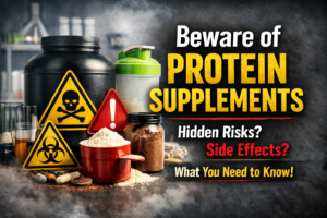 Beware of protein supplements showing protein powder containers with warning symbols highlighting health risks and side effects