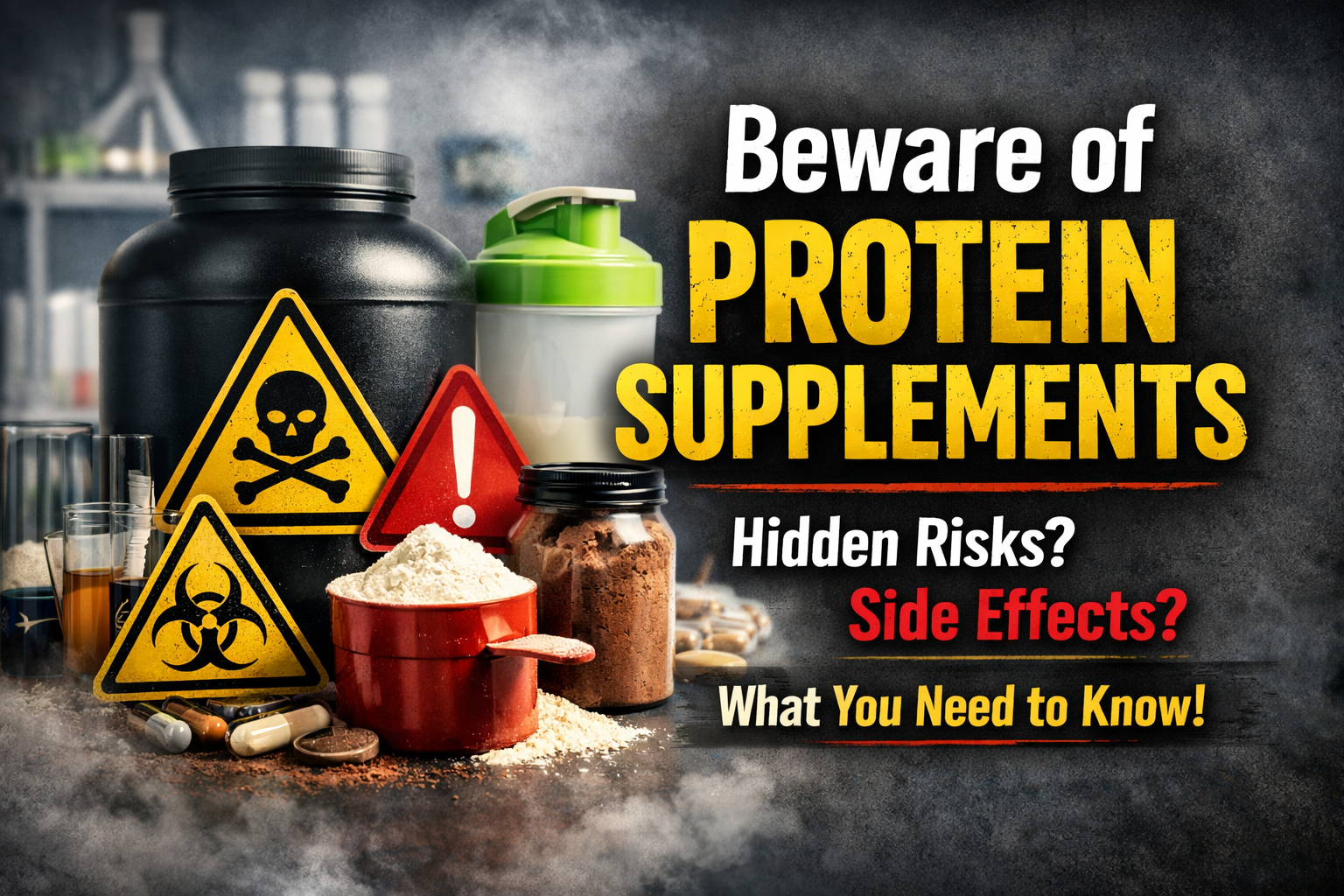 Beware of protein supplements showing protein powder containers with warning symbols highlighting health risks and side effects