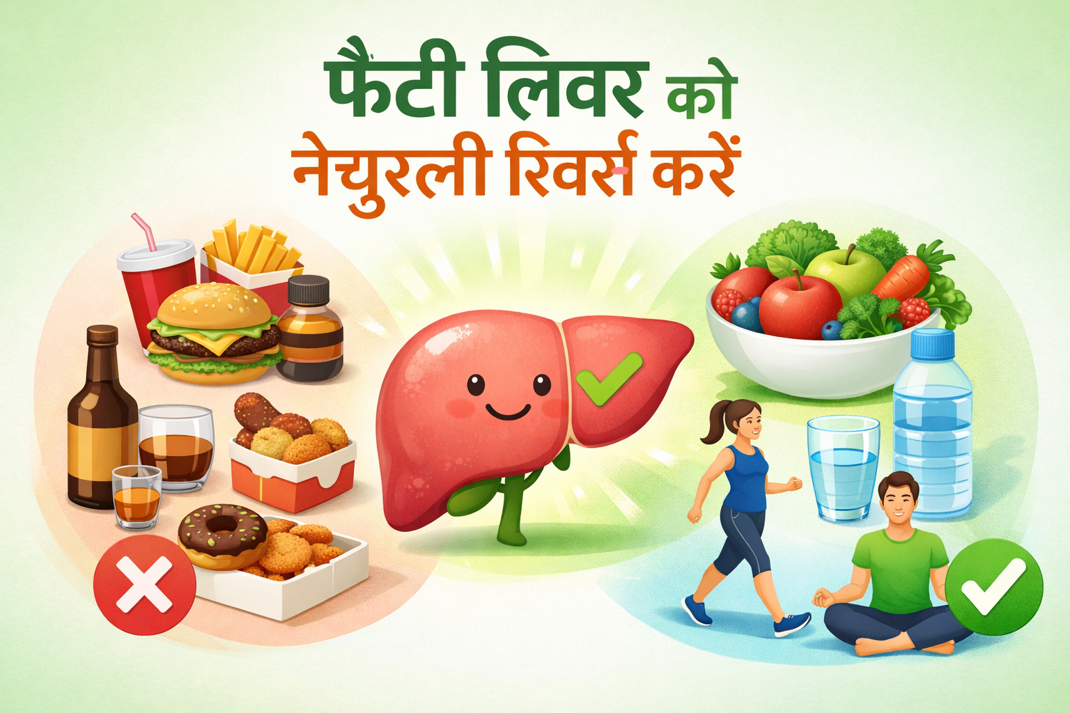फैटी लिवर को नेचुरली ठीक करने के लिए हेल्दी डाइट, पानी और एक्सरसाइज दर्शाती इमेज