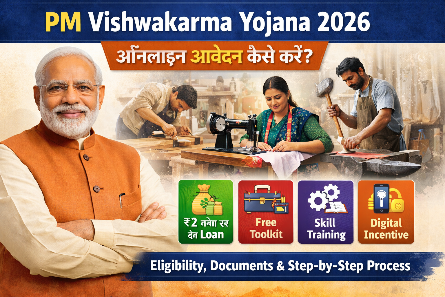PM Vishwakarma Yojana 2026 featured image showing Prime Minister Narendra Modi, traditional artisans working, and highlights of ₹2 lakh loan, free toolkit, skill training and digital incentive with online apply information.
