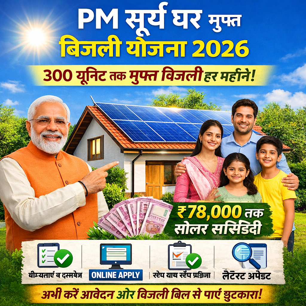 PM Surya Ghar Muft Bijli Yojana 2026 का पोस्टर जिसमें सोलर पैनल लगे घर, 300 यूनिट मुफ्त बिजली प्रति माह और ₹78,000 तक सोलर सब्सिडी की जानकारी दिखाई गई है।