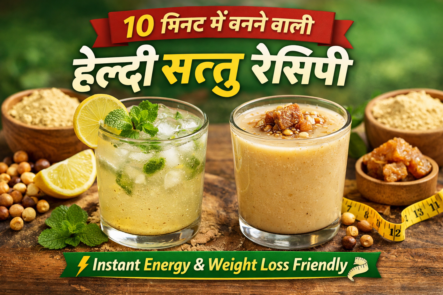 10 मिनट में बनने वाली हेल्दी सत्तू रेसिपी – एक गिलास नमकीन सत्तू नींबू और पुदीना के साथ और एक गिलास मीठा सत्तू गुड़ के साथ, weight loss और instant energy के लिए।