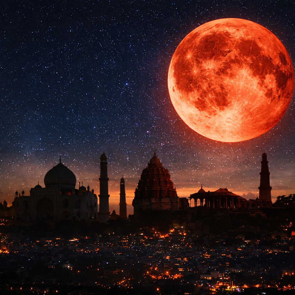 भारत में Total Lunar Eclipse के दौरान रात के आसमान में चमकता हुआ लाल Blood Moon और नीचे भारतीय स्मारकों की परछाईं।