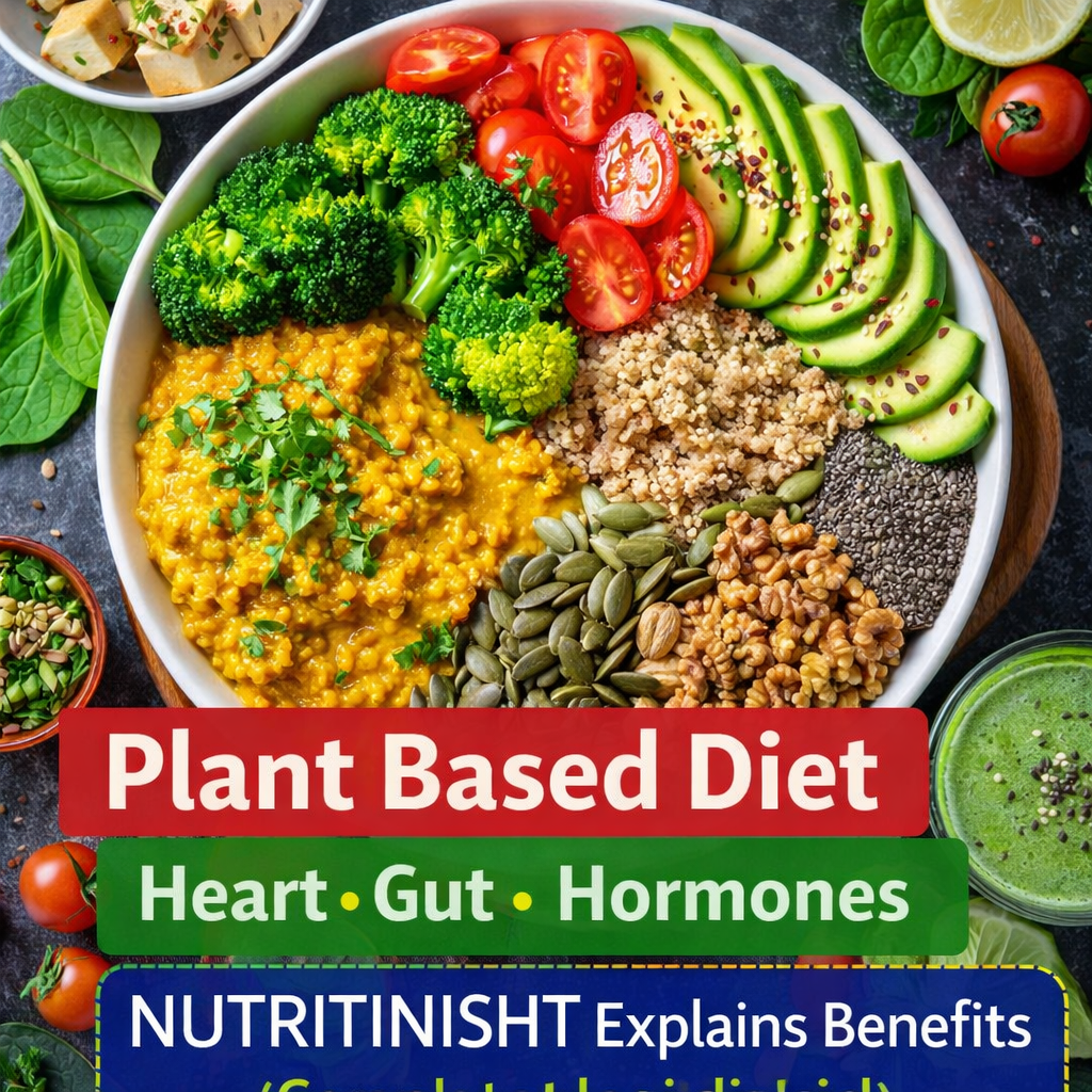Heart, gut और hormonal health के लिए colorful plant based diet meal bowl जिसमें दाल, सब्जियां, quinoa, nuts और seeds शामिल हैं।