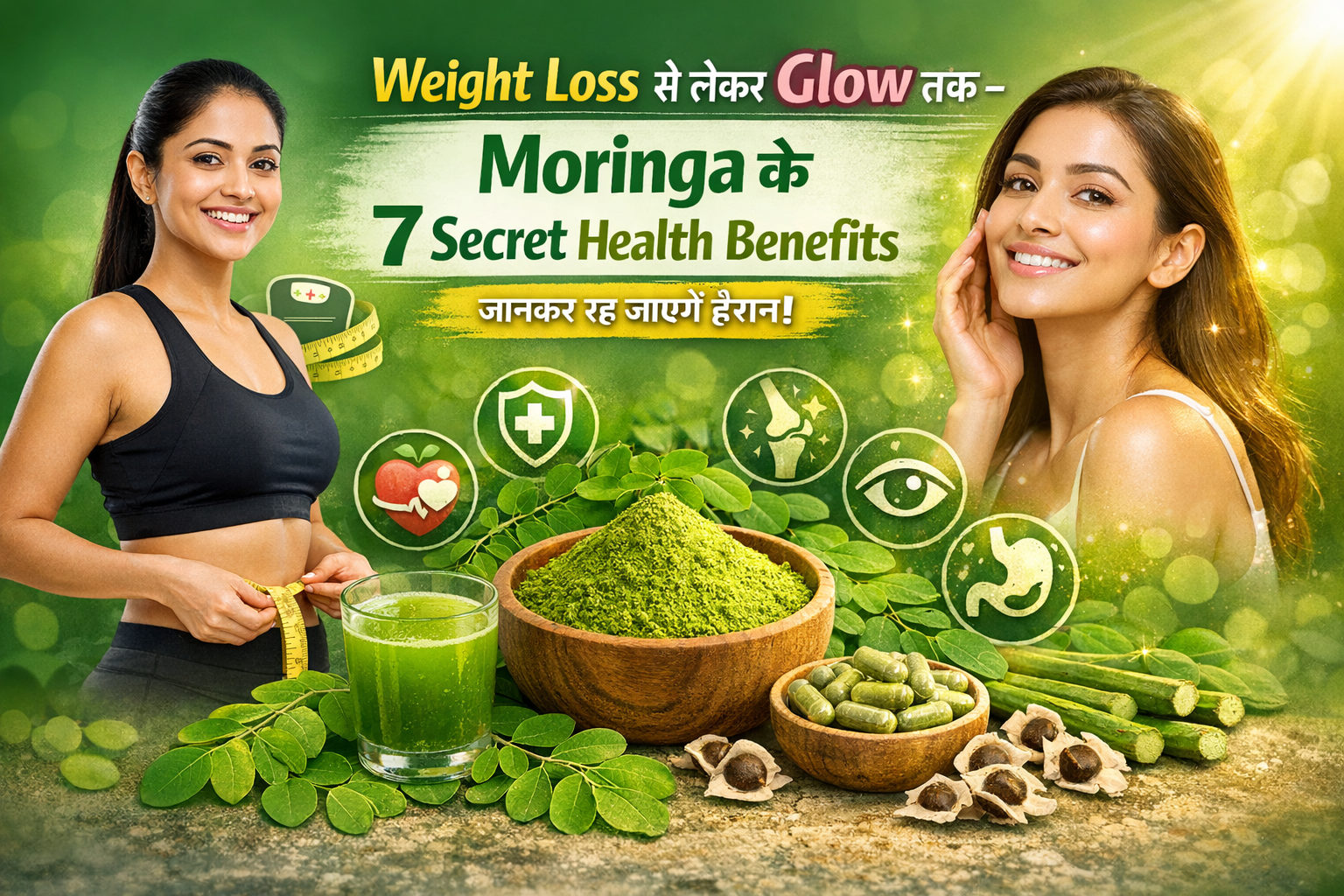 Green background में बनाई गई featured image जिसमें एक फिट महिला measuring tape के साथ weight loss दिखा रही है और दूसरी महिला glowing skin के साथ मुस्कुरा रही है। बीच में moringa powder से भरा bowl, moringa capsules, juice का गिलास और fresh moringa leaves दिख रहे हैं। ऊपर बड़े bold अक्षरों में लिखा है – “Weight Loss से लेकर Glow तक – Moringa के 7 Secret Health Benefits जानकर रह जाएंगे हैरान!”