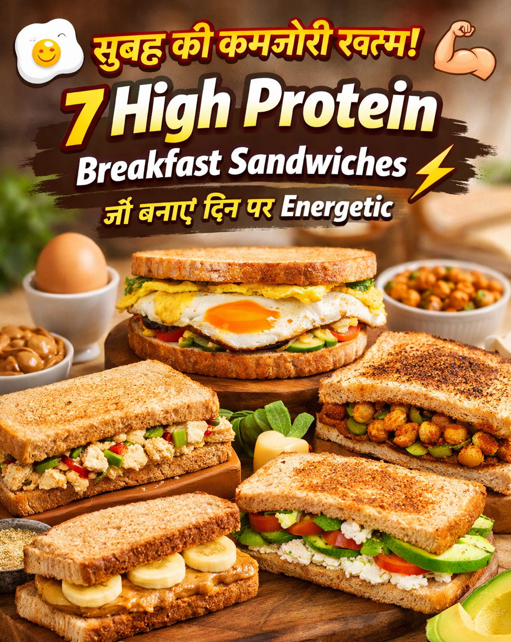 7 high protein breakfast sandwiches with paneer, egg, tofu, peanut butter and sprouts – healthy morning breakfast ideas for energy, weight loss and muscle strength