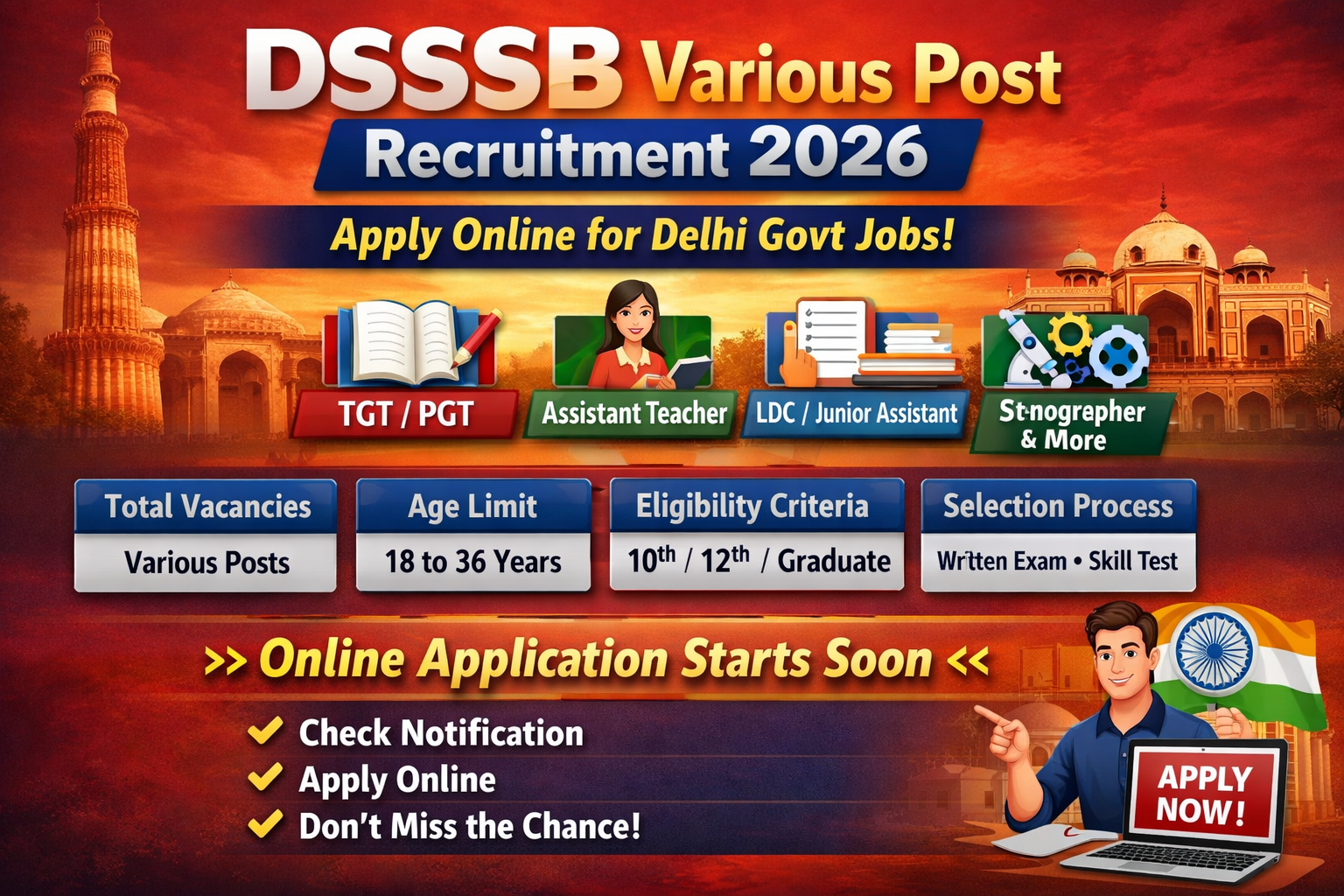 DSSSB Various Post Recruitment 2026 banner showing Delhi Government job notification with TGT, PGT, Assistant Teacher, LDC and Stenographer vacancies apply online.