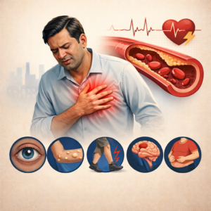 High cholesterol ke karan seene me dard aur artery blockage ka medical illustration