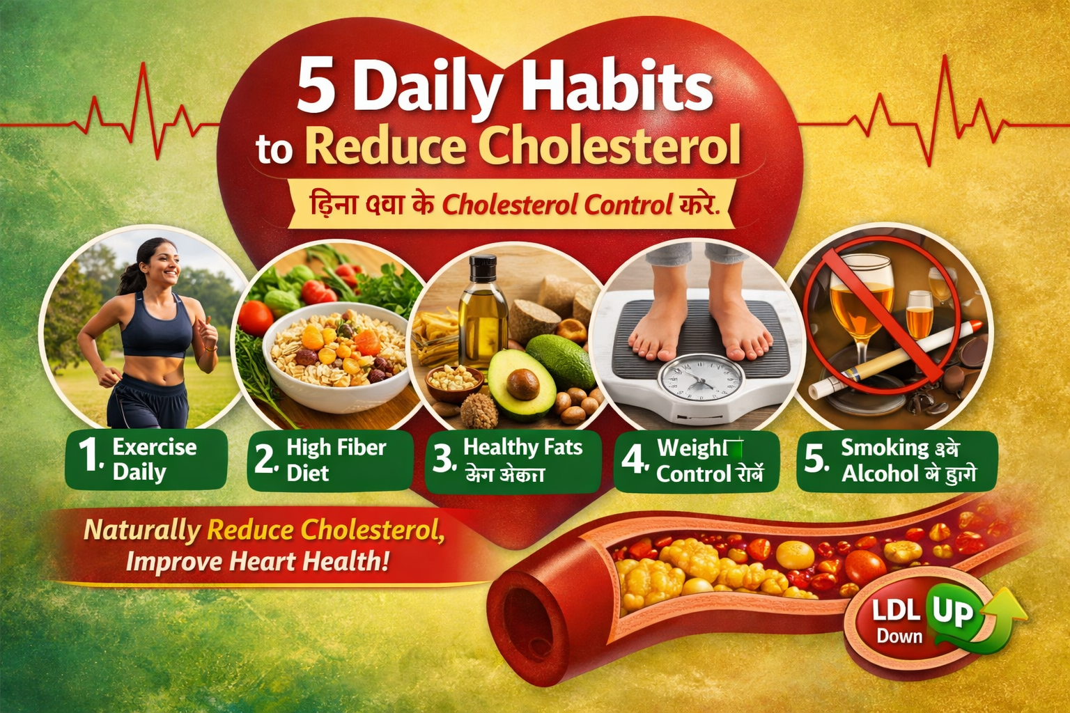 5 daily habits to reduce cholesterol level naturally infographic showing exercise, high fiber diet, healthy fats, weight control and avoiding smoking and alcohol for better heart health. 💚